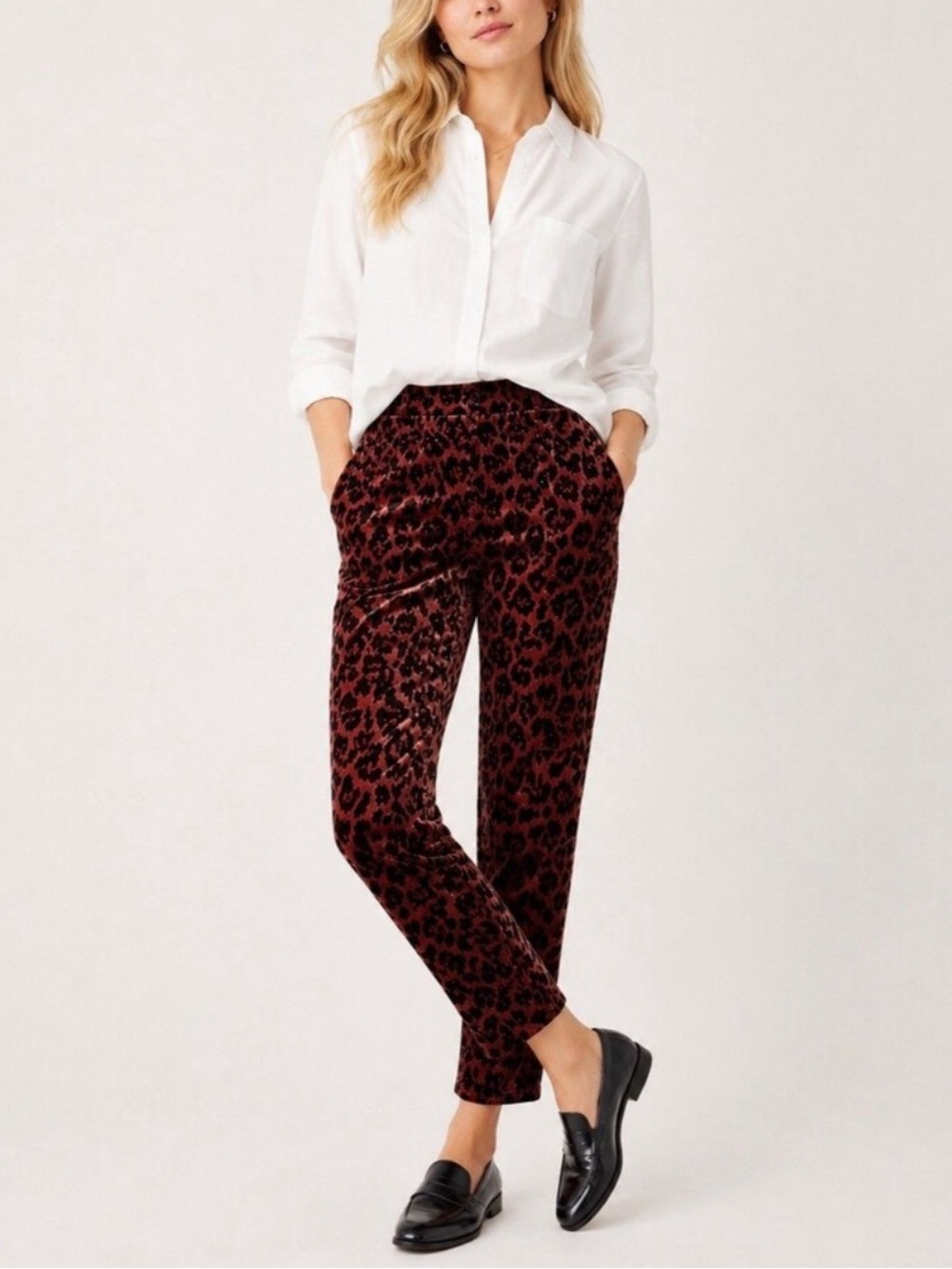 J Crew Pull On Easy Pants In Rose Leopard Velvet Size 4 Pockets Statement NWT